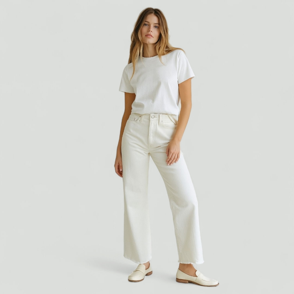 Good American Bone White Wide Leg Raw Hem Jeans Sz 15‎ (Sz 32) High Rise